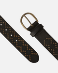 Black belt with gold studs and buckle on a white background