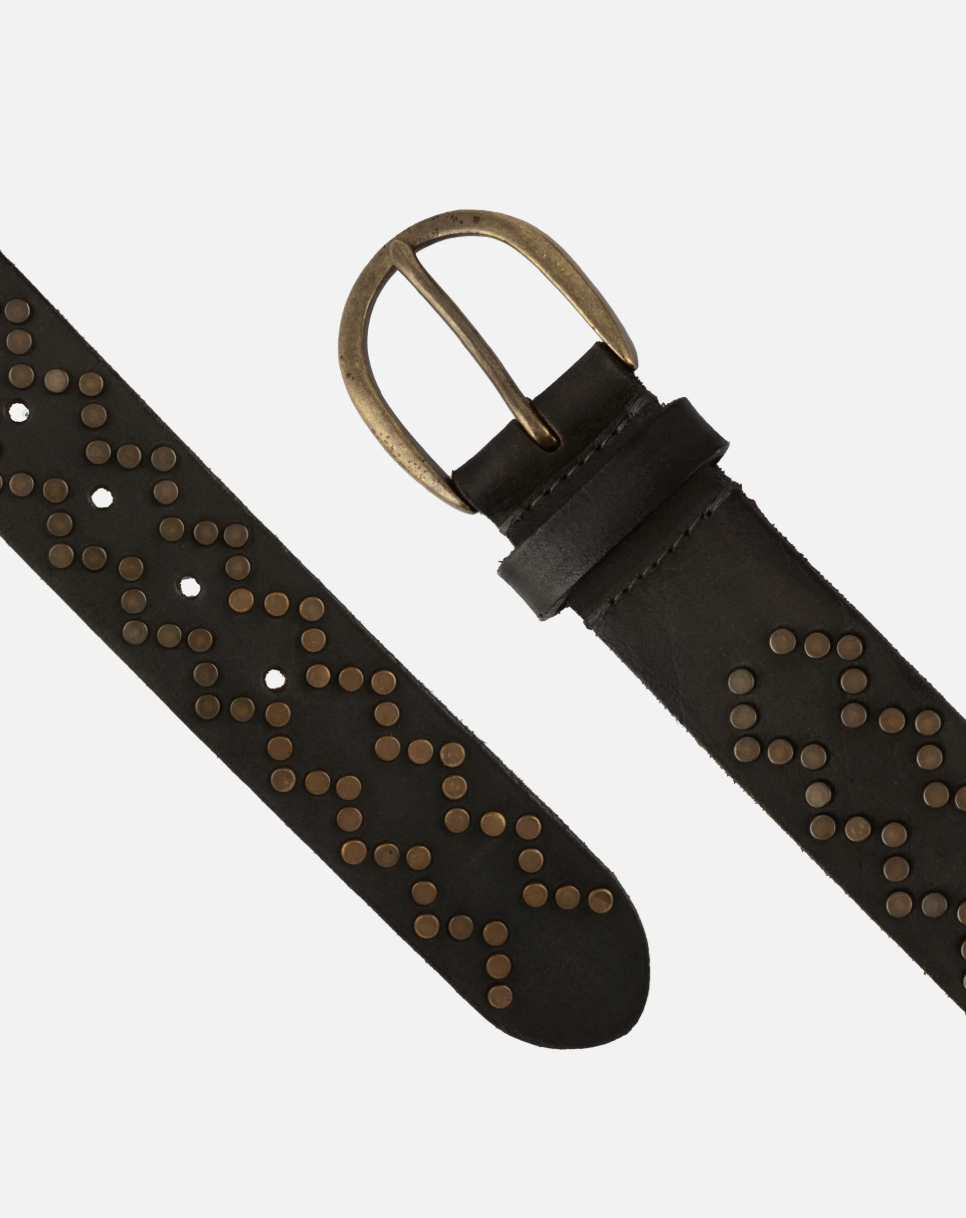 Black belt with gold studs and buckle on a white background
