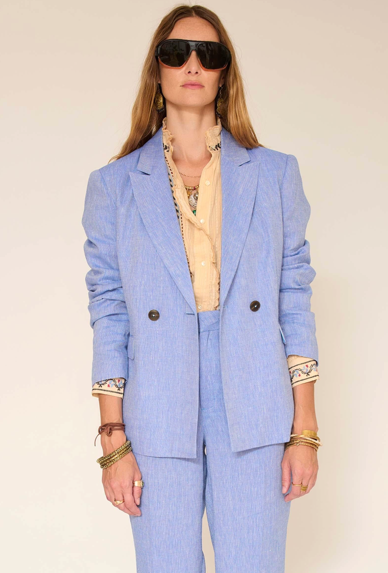 Venua Jacket | Linen Blend D/B Blazer with Drape