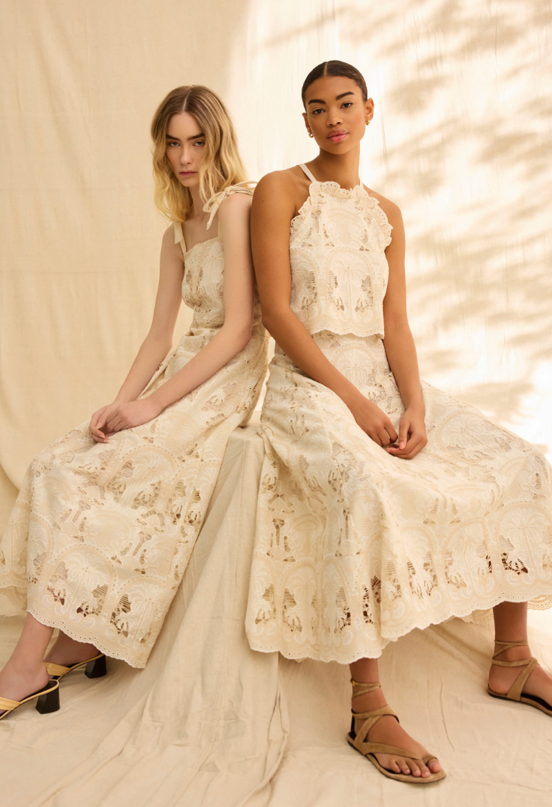 Bethany Tank | Cotton Embroidered Halter Tank Top with Ruffle Detail
