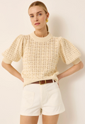 Gail Knit Sweater | Cotton Pointelle Beaded Puff Sleeve Knit
