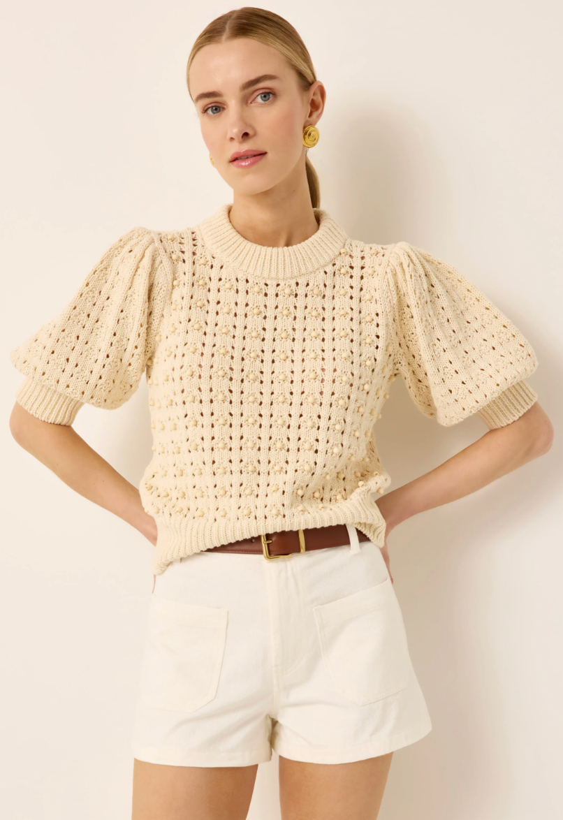 Gail Knit Sweater | Cotton Pointelle Beaded Puff Sleeve Knit