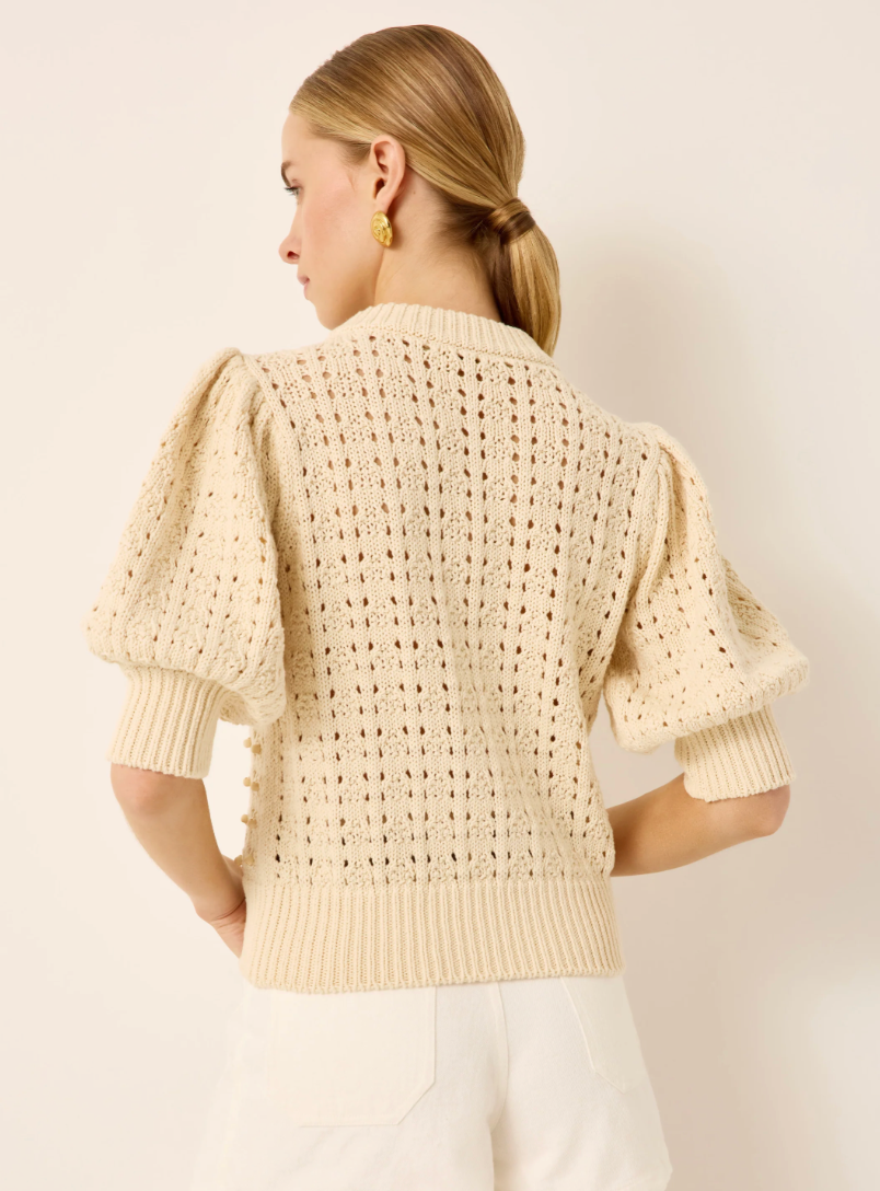 Gail Knit Sweater | Cotton Pointelle Beaded Puff Sleeve Knit