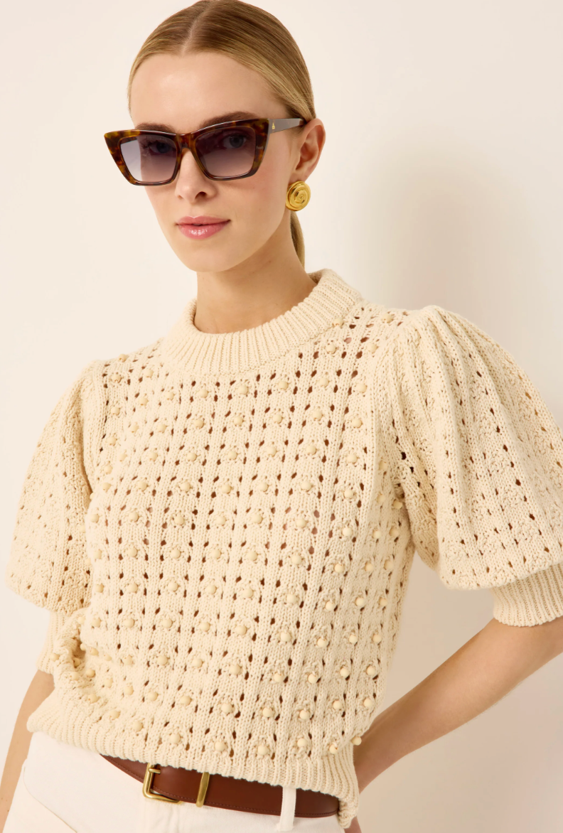 Gail Knit Sweater | Cotton Pointelle Beaded Puff Sleeve Knit