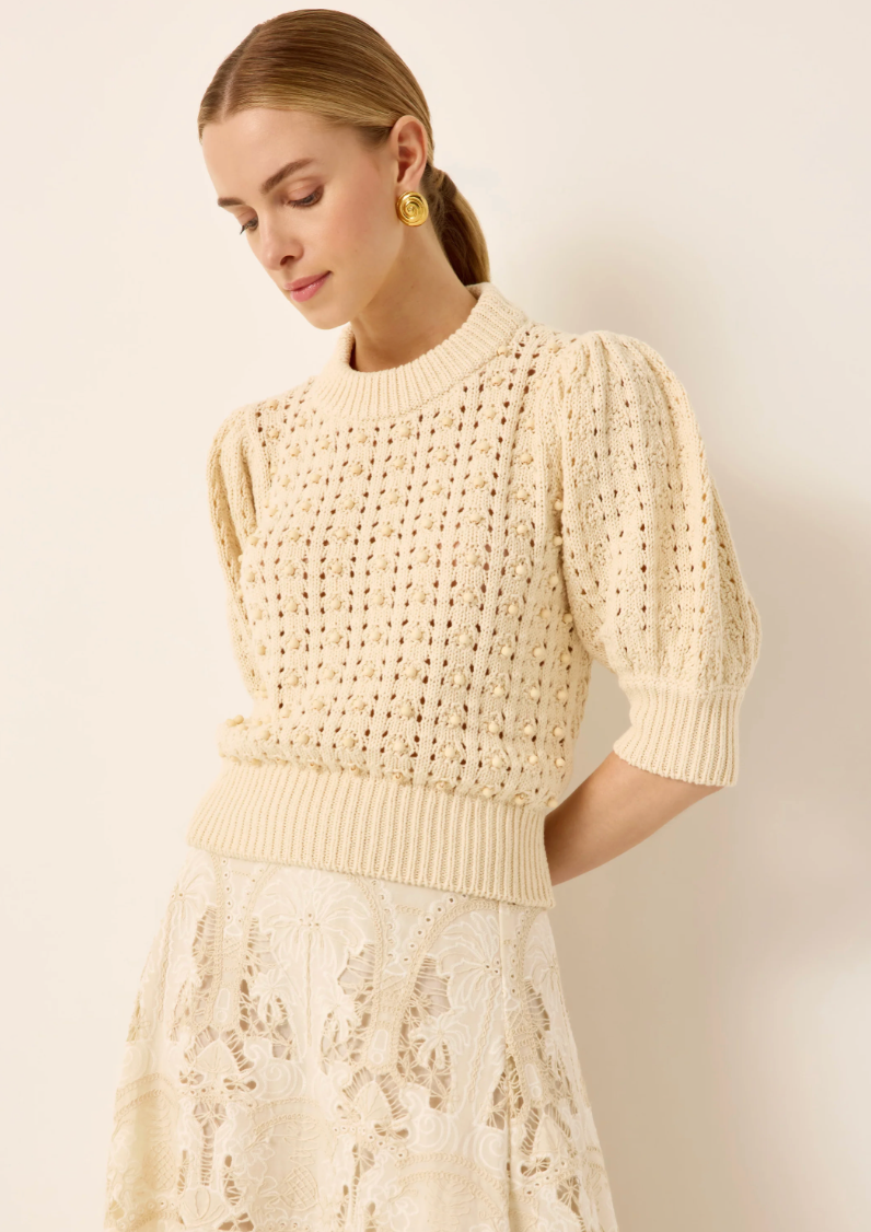 Gail Knit Sweater | Cotton Pointelle Beaded Puff Sleeve Knit