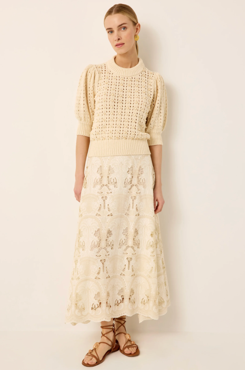 Gail Knit Sweater | Cotton Pointelle Beaded Puff Sleeve Knit