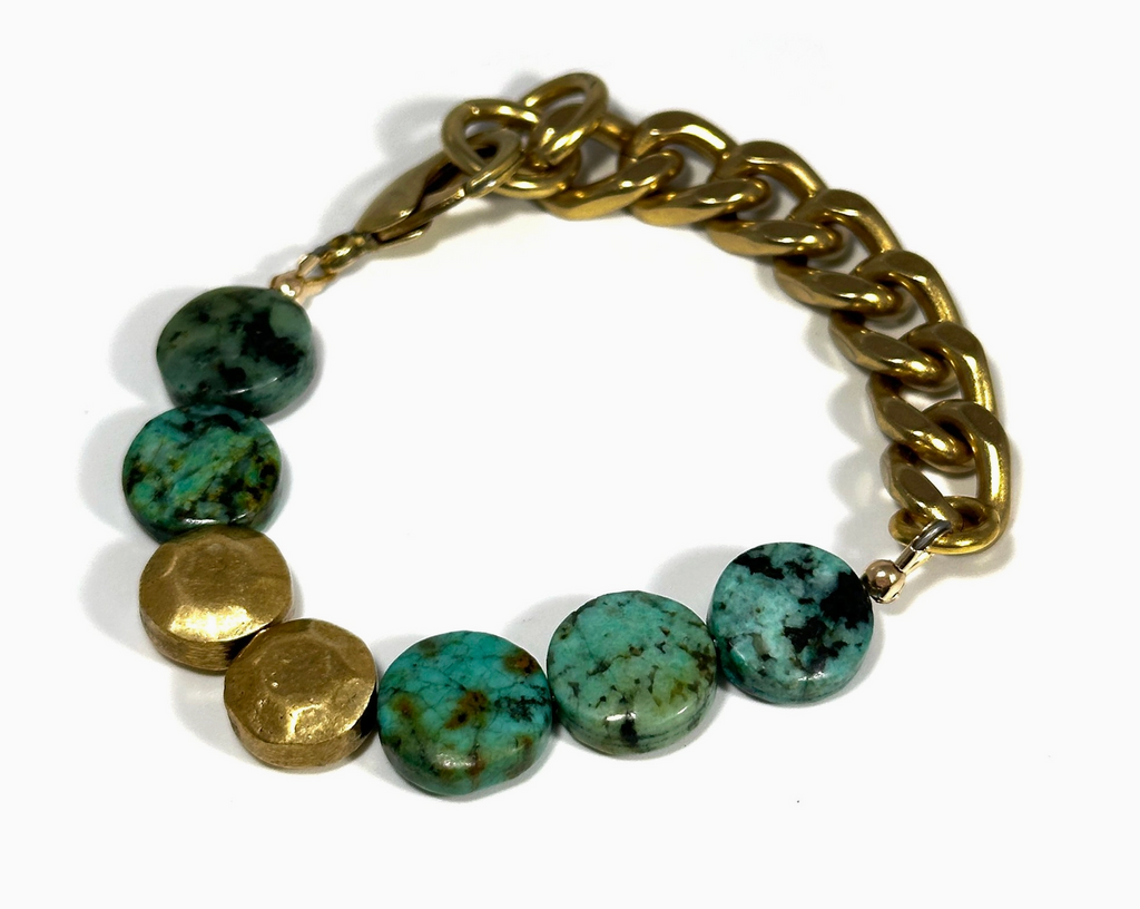 Turquoise Coin and Gold Mixed Chain Bracelet