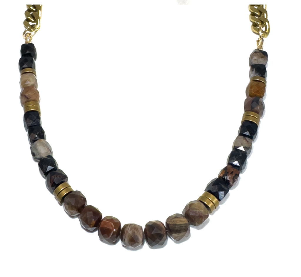 Petrified Wood & Black Tourmaline Cubes Necklace