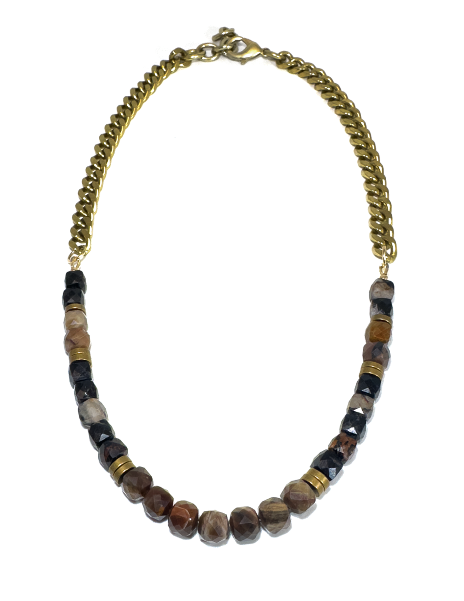 Petrified Wood & Black Tourmaline Cubes Necklace