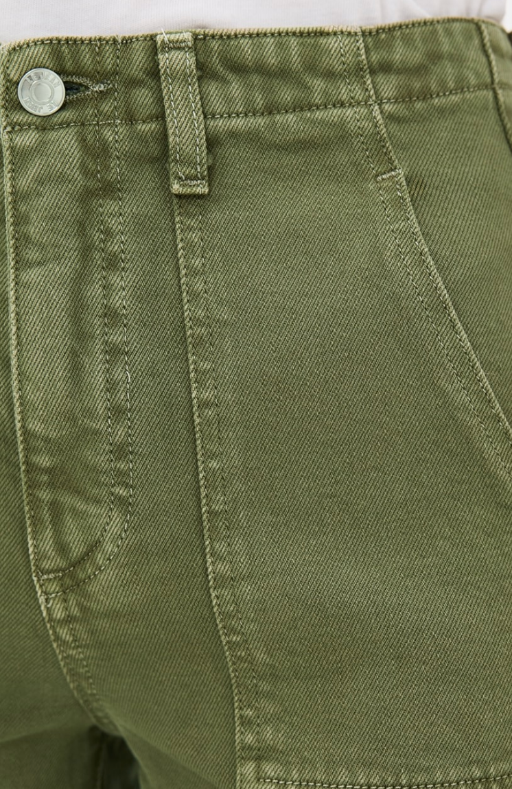 Close-up of olive green denim shorts showing the waistband, button, belt loop, and front pocket stitching.