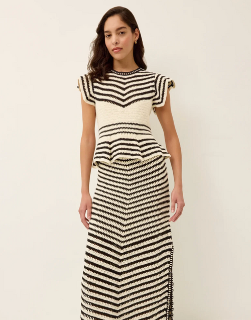 A woman modeling a black and cream chevron-patterned knit dress with a textured waistband and ruffled cap sleeves, set against a plain off-white studio background.