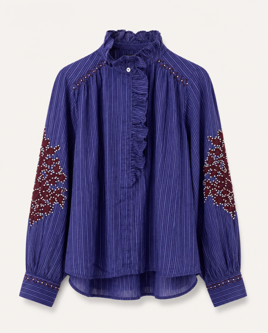 Blue Striped Ruffle Neck Cora Button Up Shirt