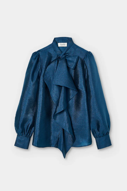 Silk Tie Neck Blouse | Blue Scarf Neck Tie Button Down