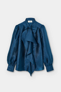 Silk Tie Neck Blouse | Blue Scarf Neck Tie Button Down