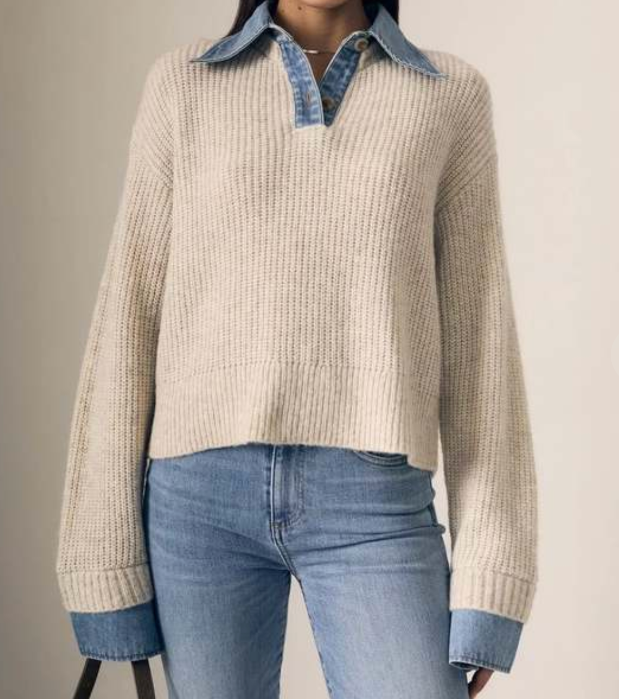Harvey Sweater in Oatmeal | Sweater with build in Layering Button Down