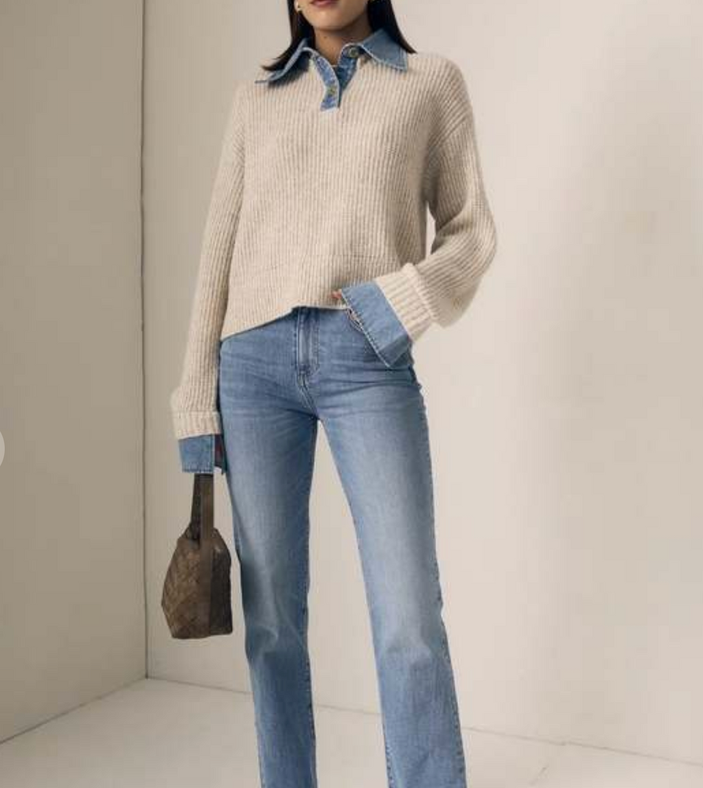 Harvey Sweater in Oatmeal | Sweater with build in Layering Button Down