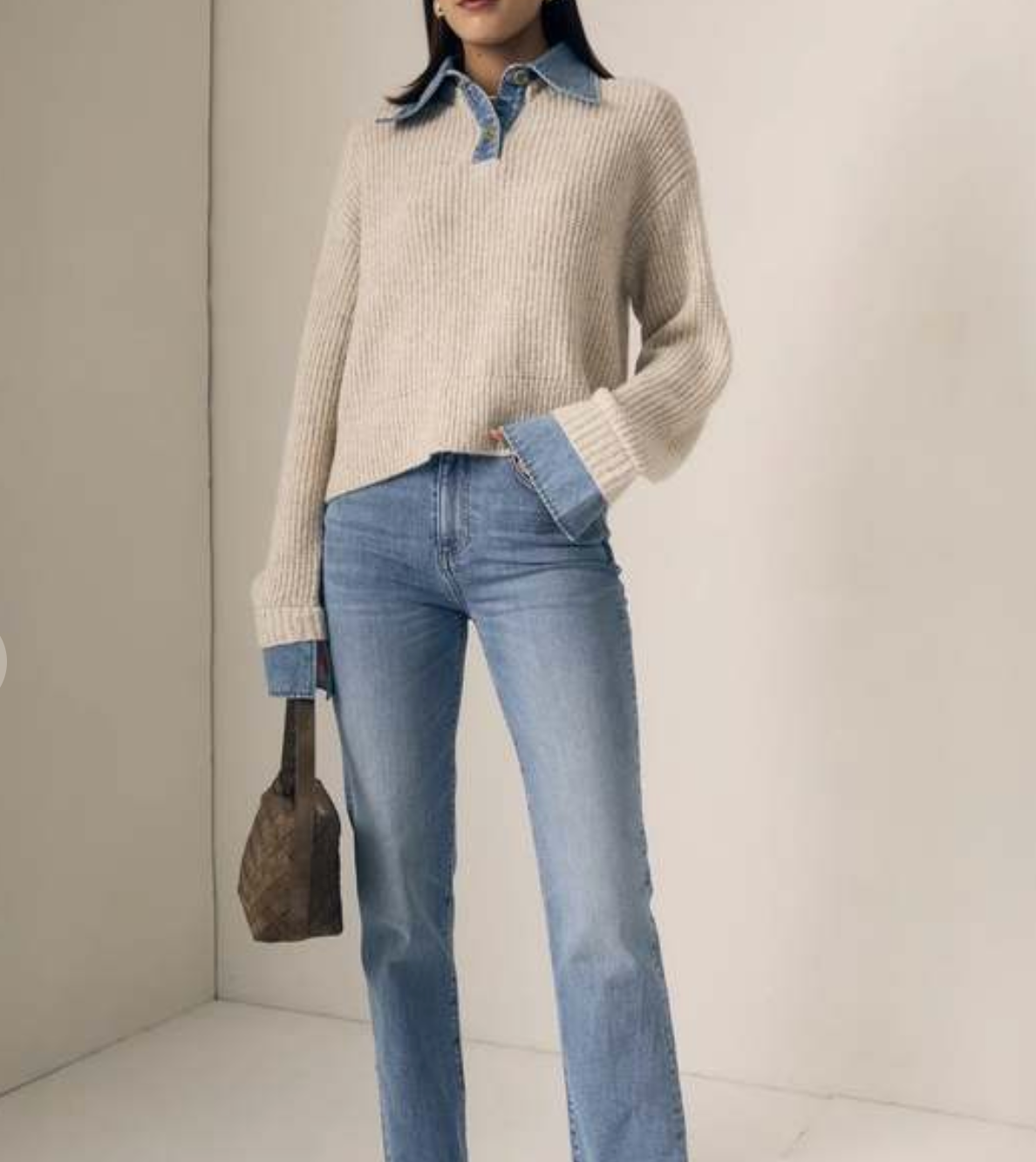 Harvey Sweater in Oatmeal | Sweater with build in Layering Button Down