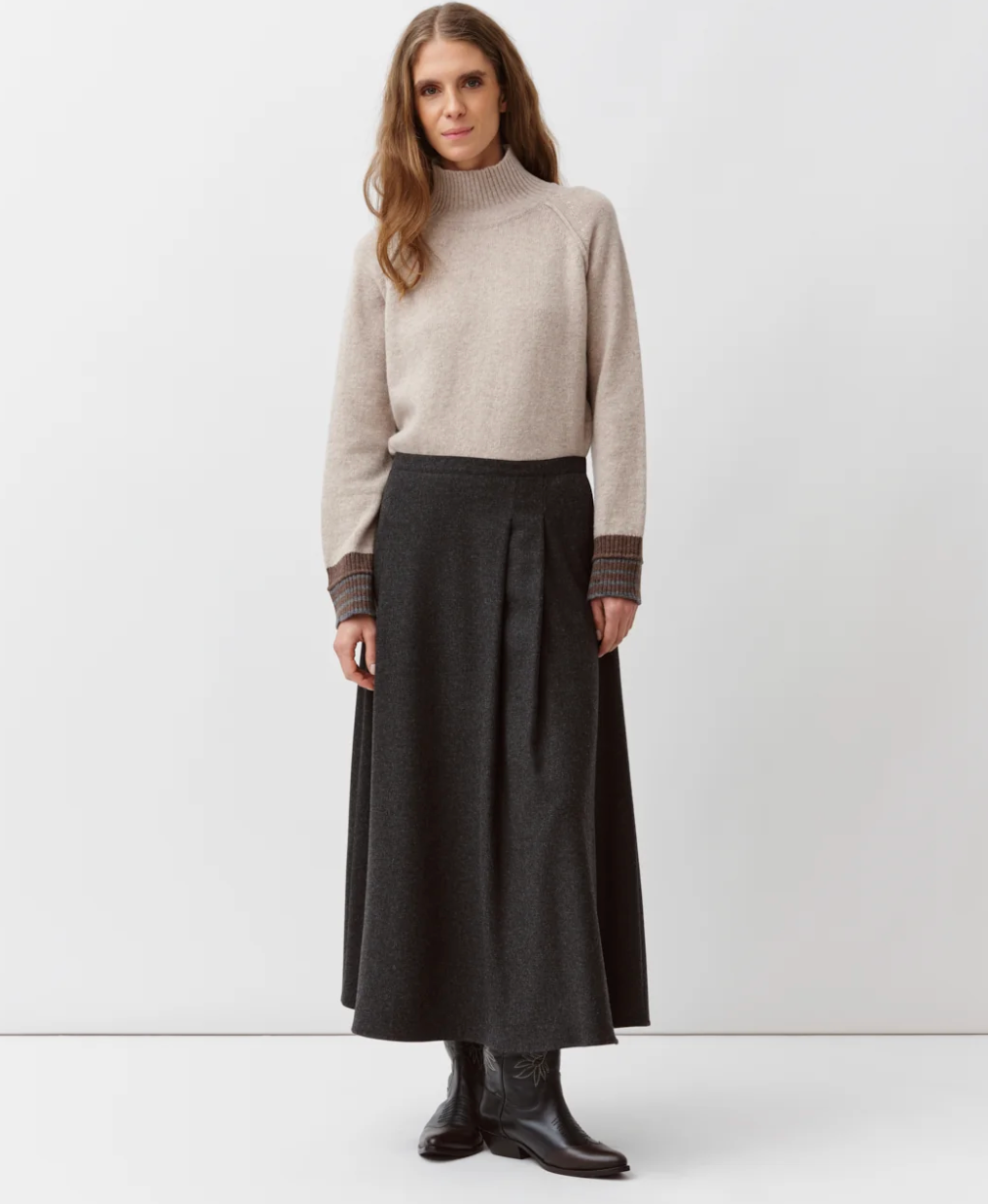 Jonico Skirt | Grey Wool Pleated Midi Skirt