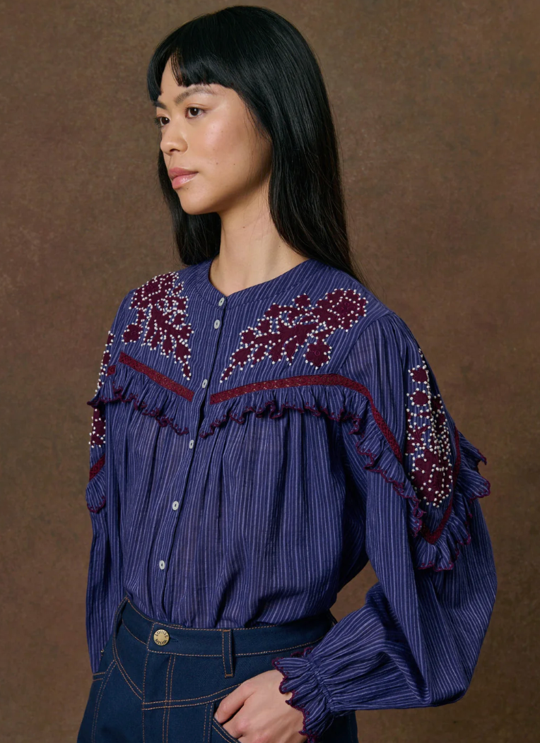 Blue Striped Ruffle Neck Cora Button Up Shirt