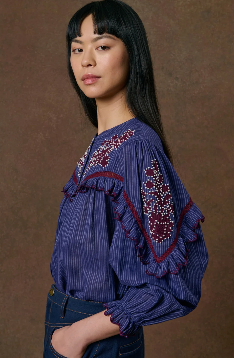 Blue Striped Ruffle Neck Cora Button Up Shirt