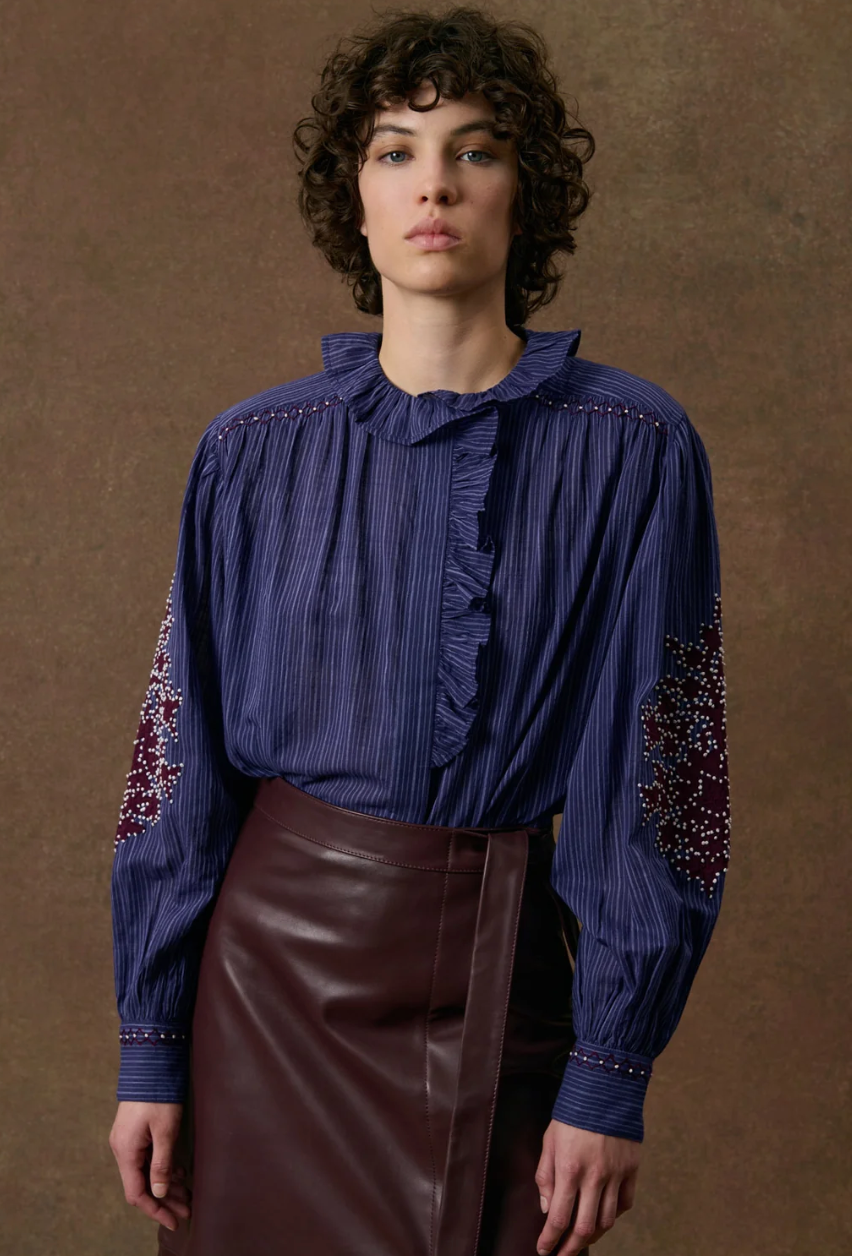 Blue Striped Ruffle Neck Cora Button Up Shirt
