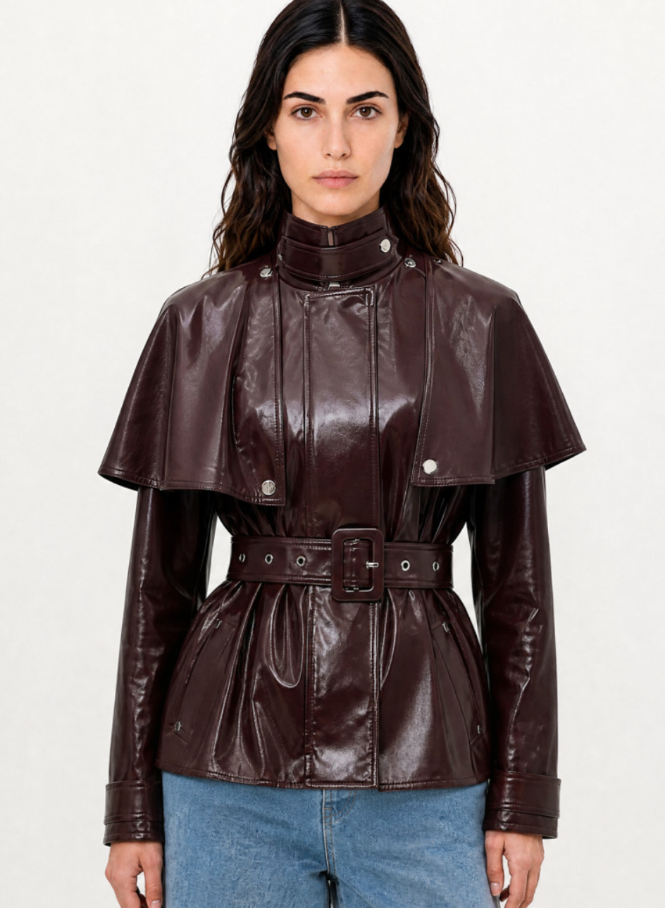 Burgundy Vinyl Cape Jacket with Belt