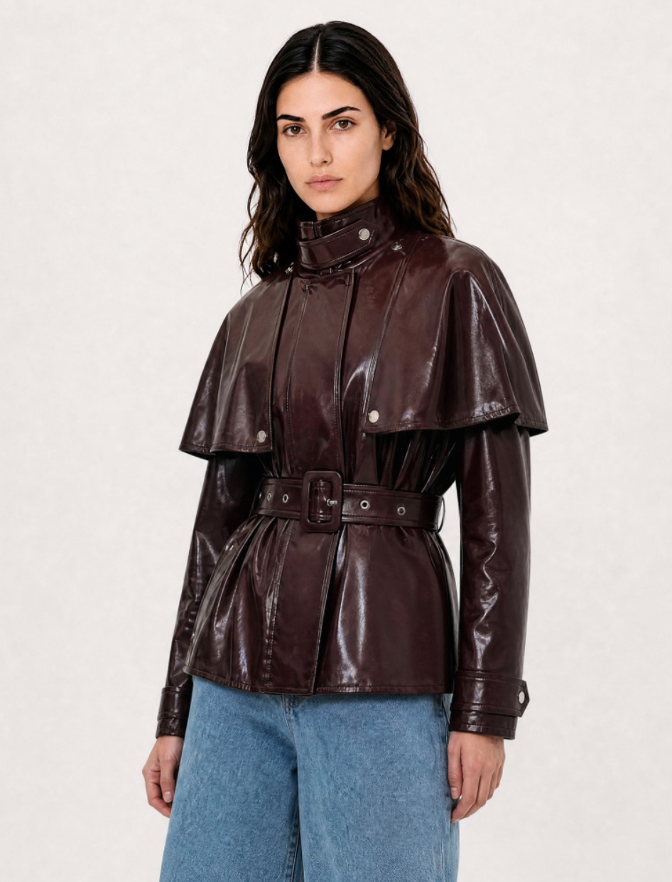 Burgundy Vinyl Cape Jacket with Belt
