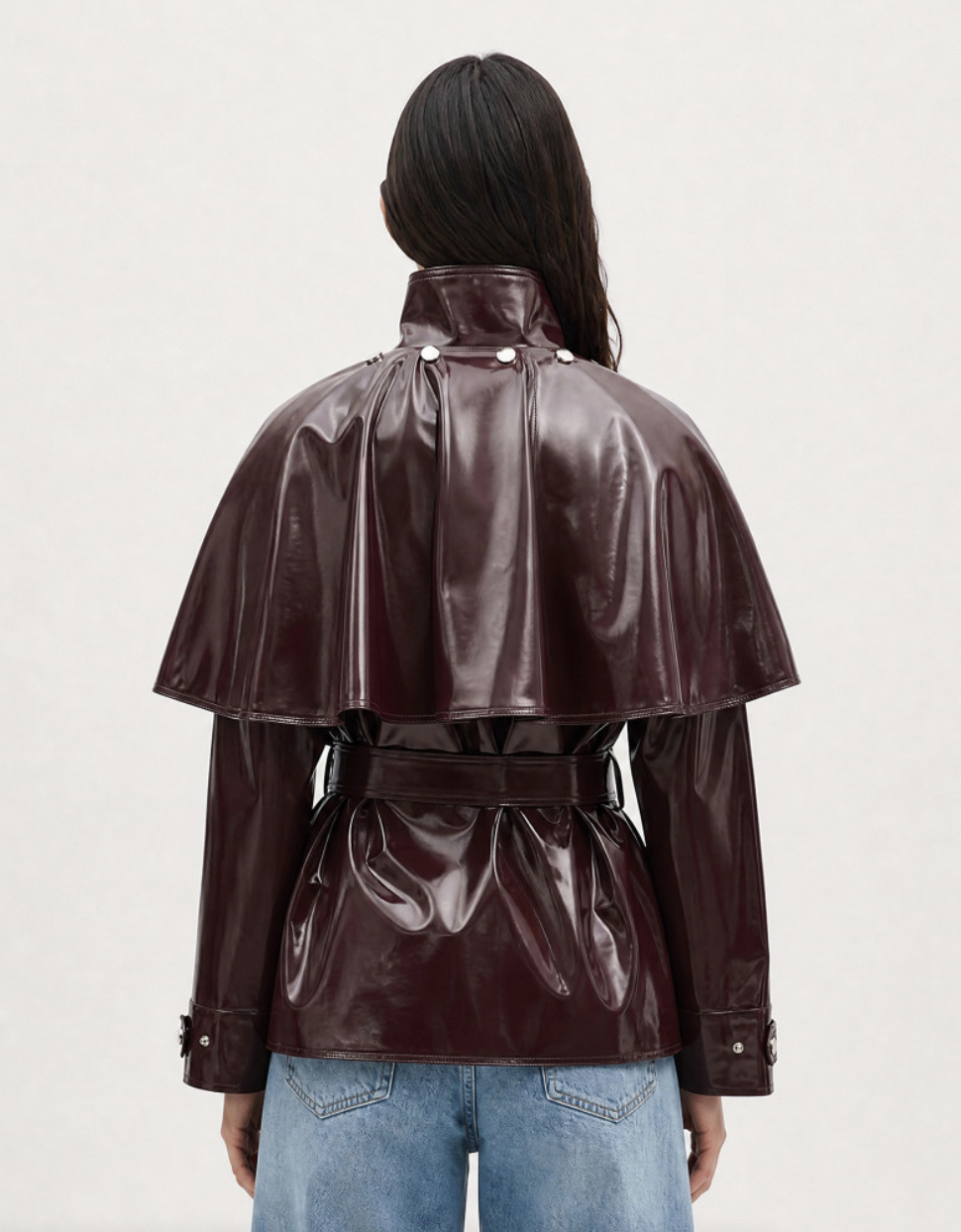 Burgundy Vinyl Cape Jacket with Belt