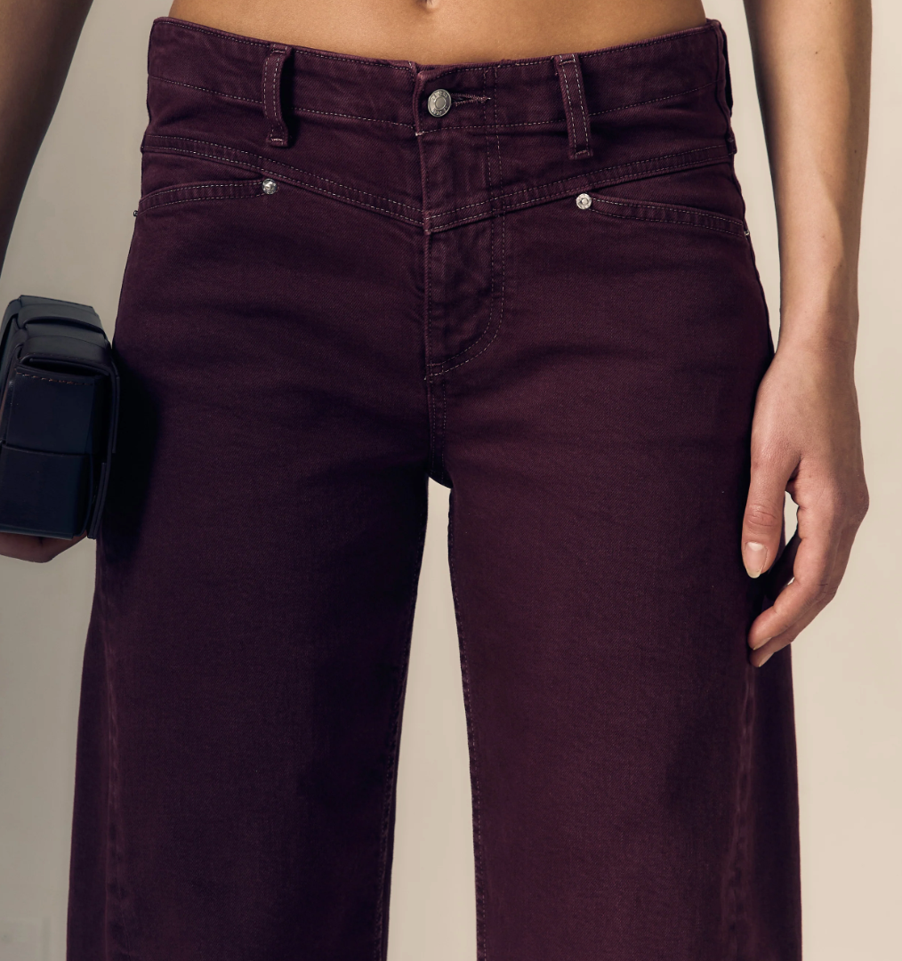 Close-up of a model wearing dark plum purple wide-leg jeans, showing the front waistband, button, belt loops, and front pockets.