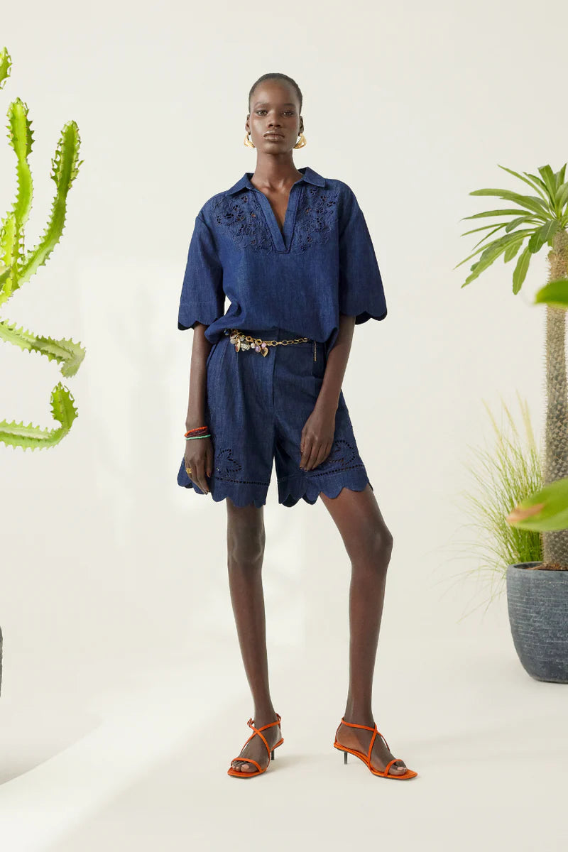 Cotton Denim Embroidered Blouse