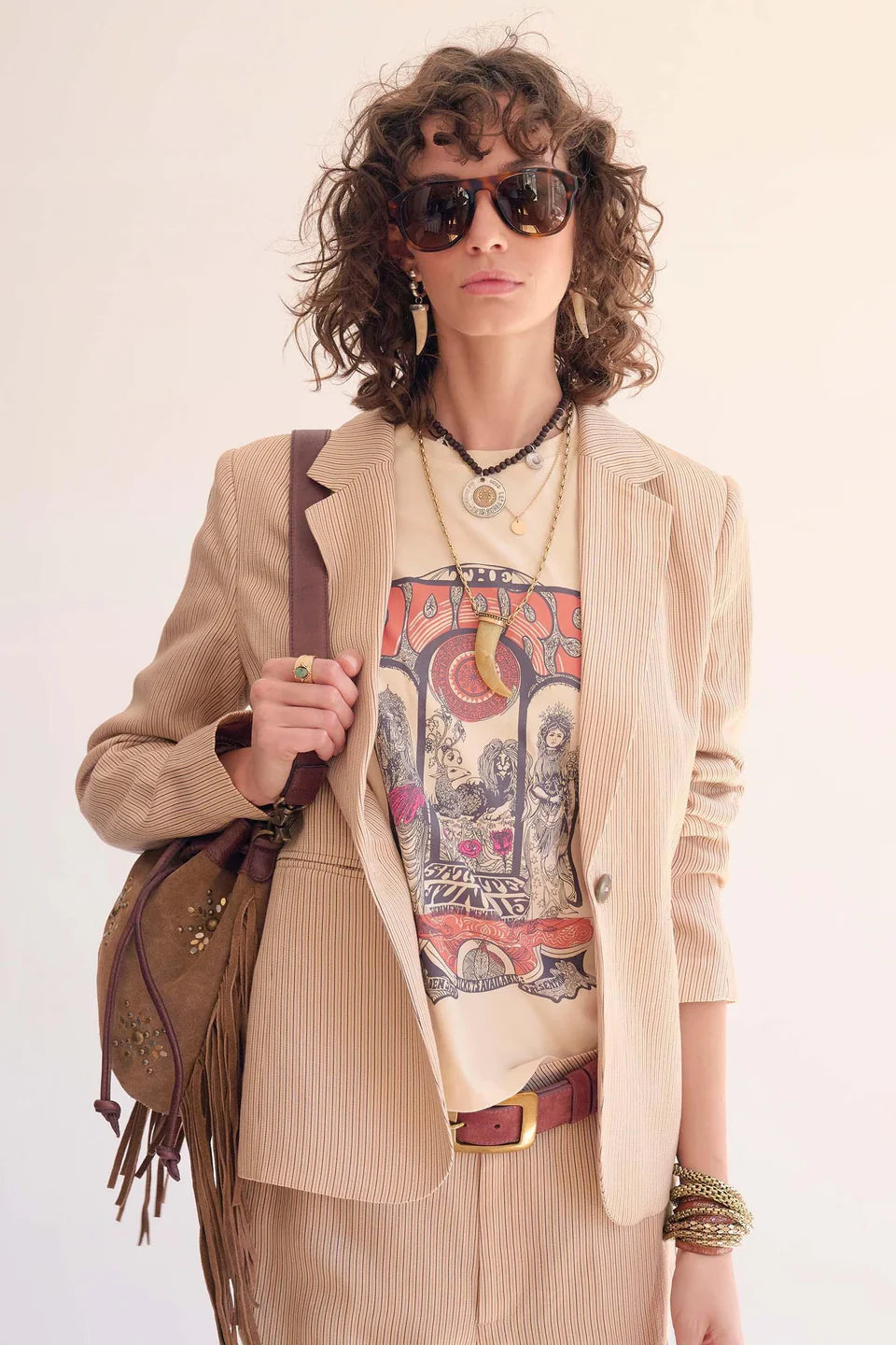 Sand and Brown Striped Lyocell Blend Blazer Jacket