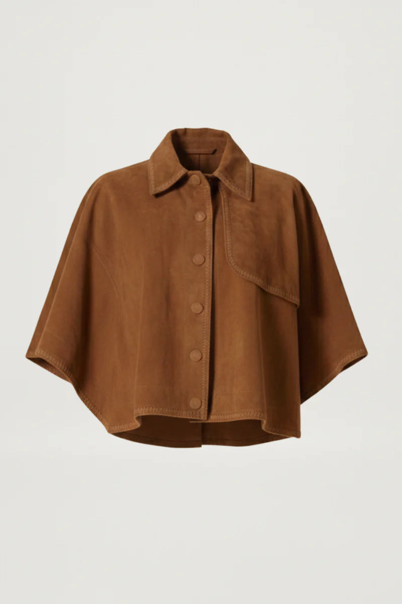 Brown cape-style jacket on a light gray background