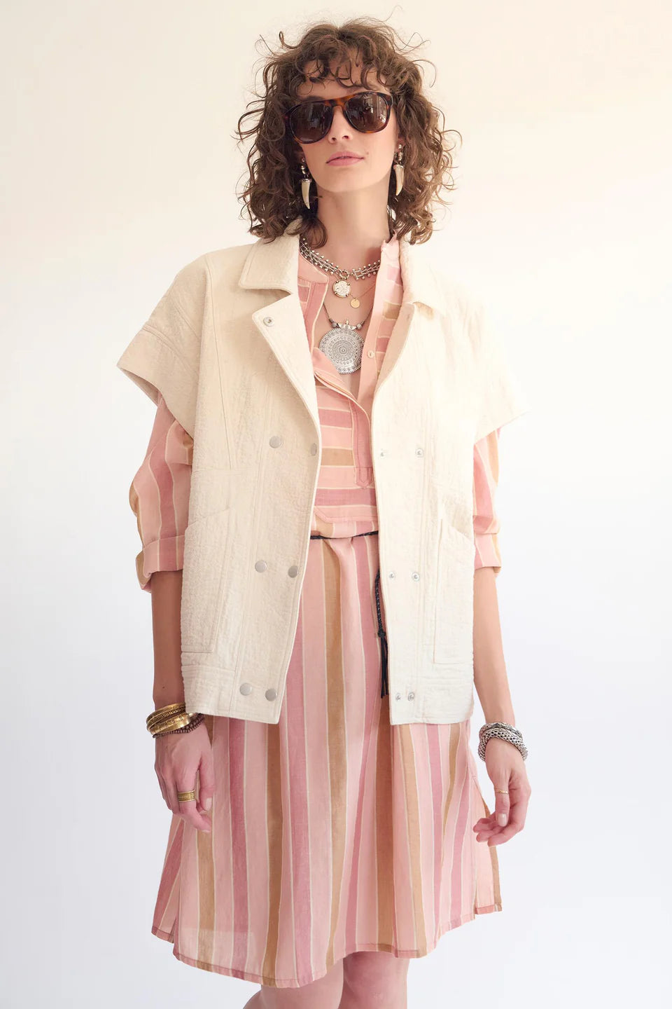 Walter Vest | Ivory Button Down Vest with Cap Sleeves