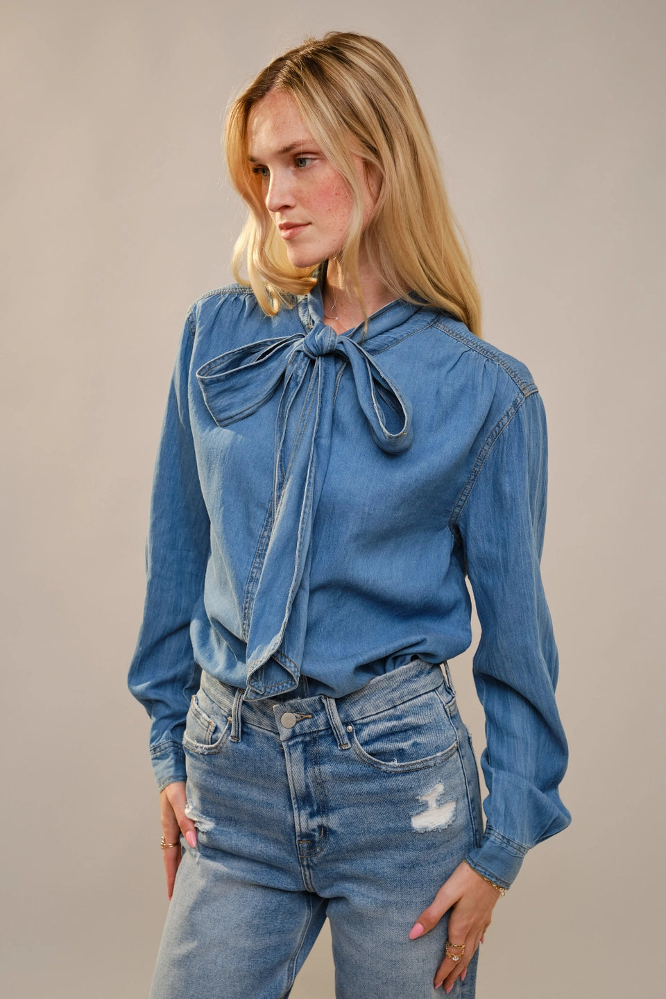 Tie-Neck Tencel Chambray Blouse