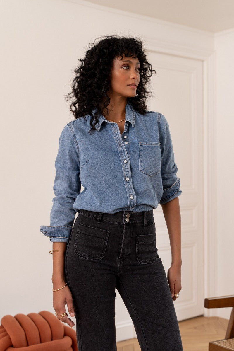 Denim Shirt with Pearl Buttons