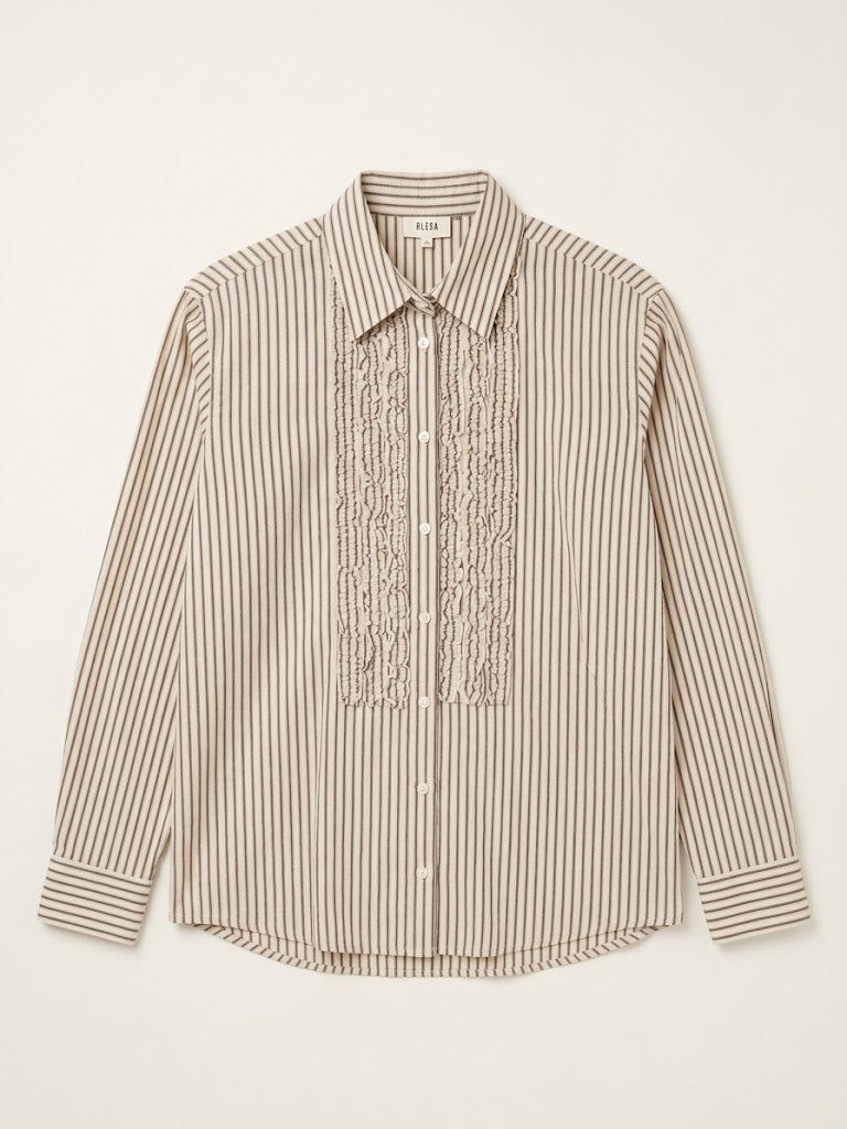 Striped Ruffle Collar Front Button Down Shirt