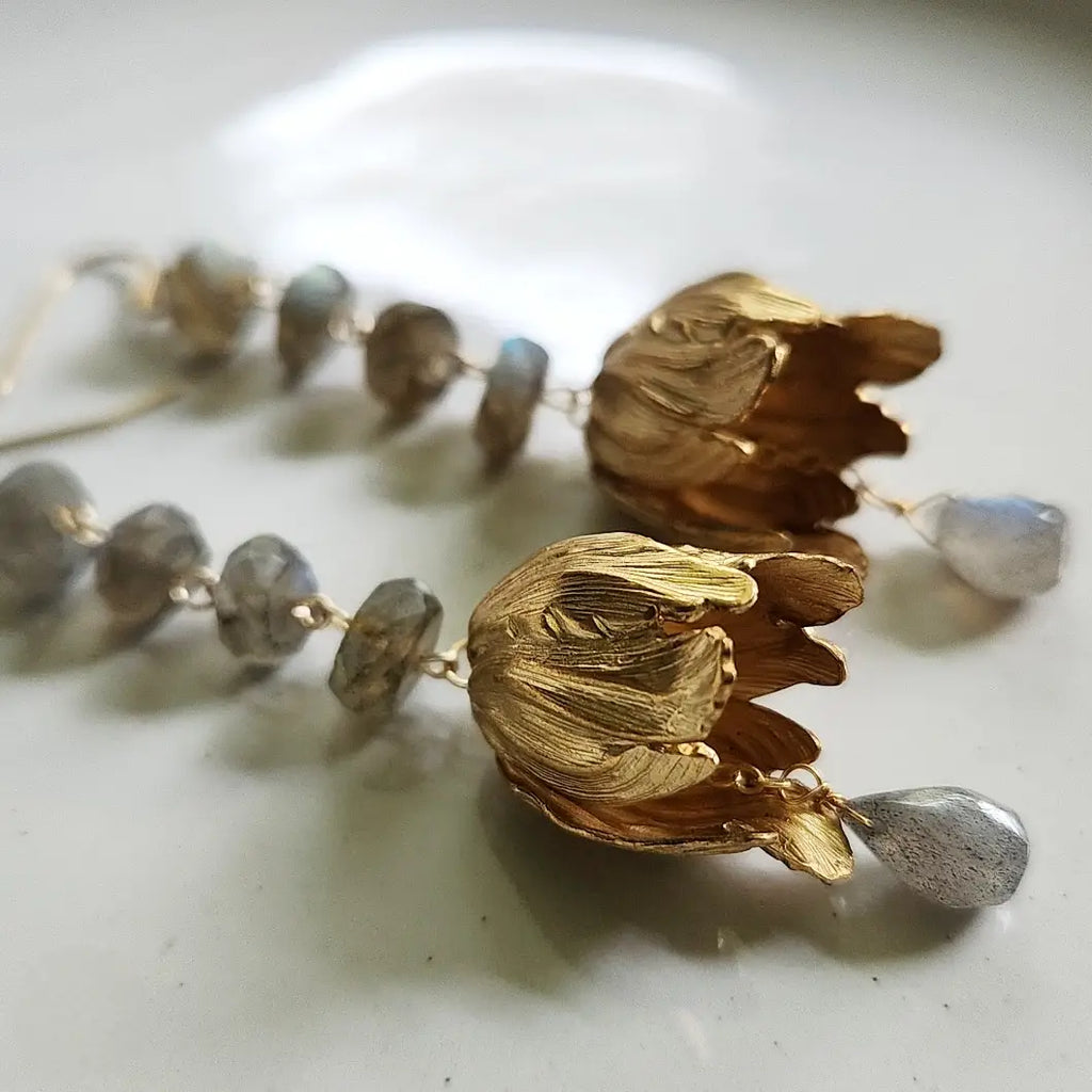 Labradorite and Textured Brass Tulip Earrings