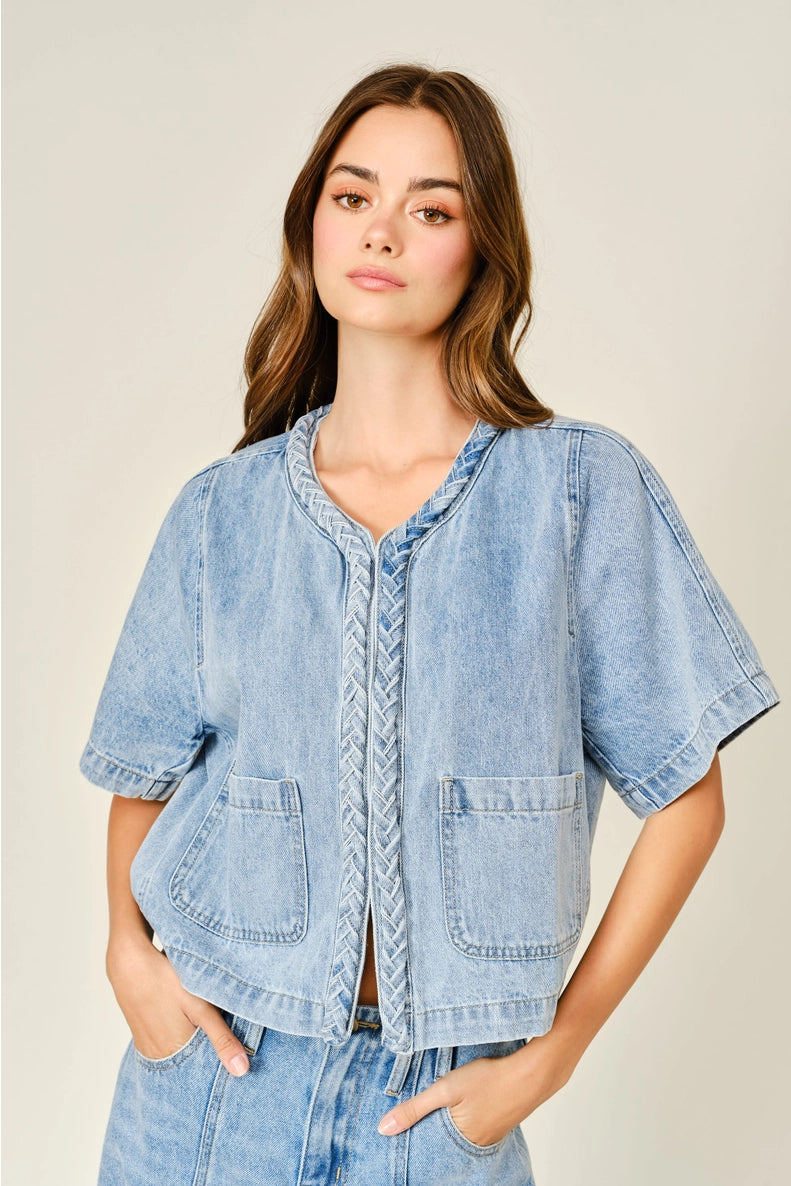 Braided Short Sleeve Denim Jacket