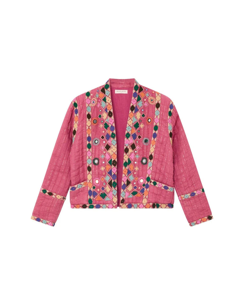 Pink jacket with colorful geometric pattern on a white background, playful cardigan, dopamine dressing, dressing for dopamine 