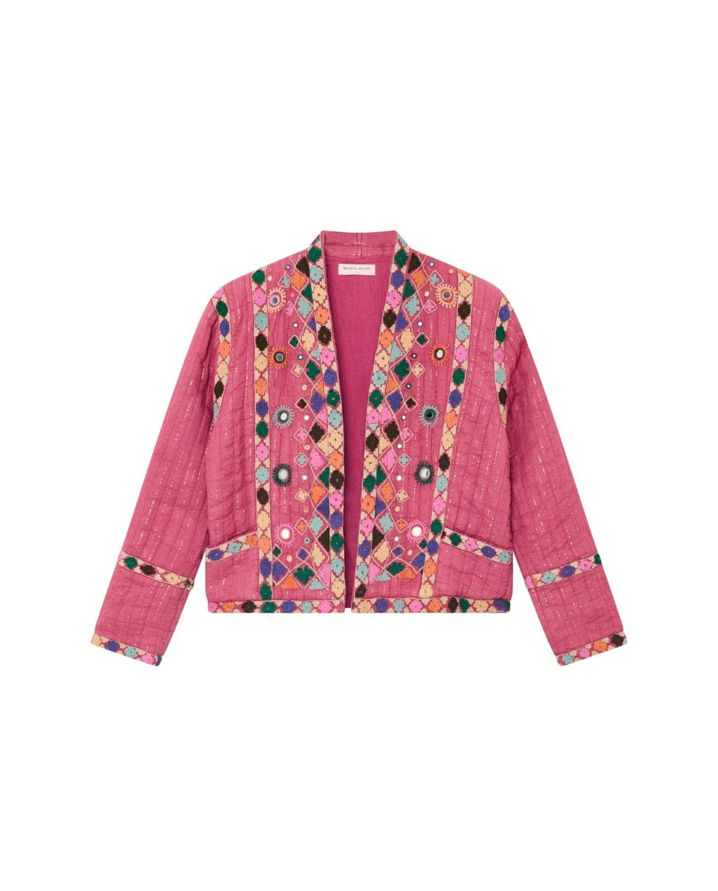 Pink jacket with colorful geometric pattern on a white background, playful cardigan, dopamine dressing, dressing for dopamine 
