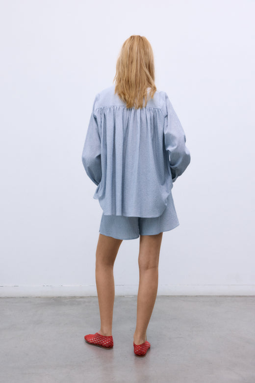 white and blue matching set, long sleeve matching set, blue and white stripe shorts and long sleeve top 