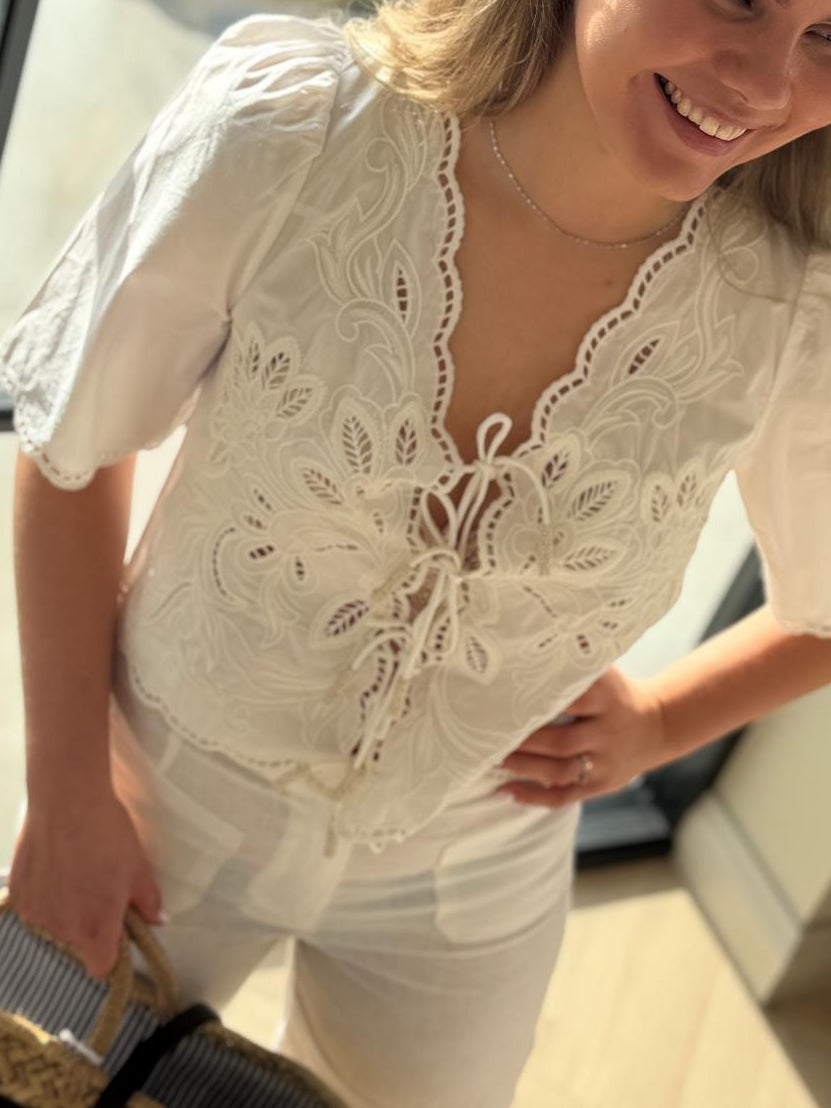 Vinetta Blouse | White Scalloped Tie Front Top