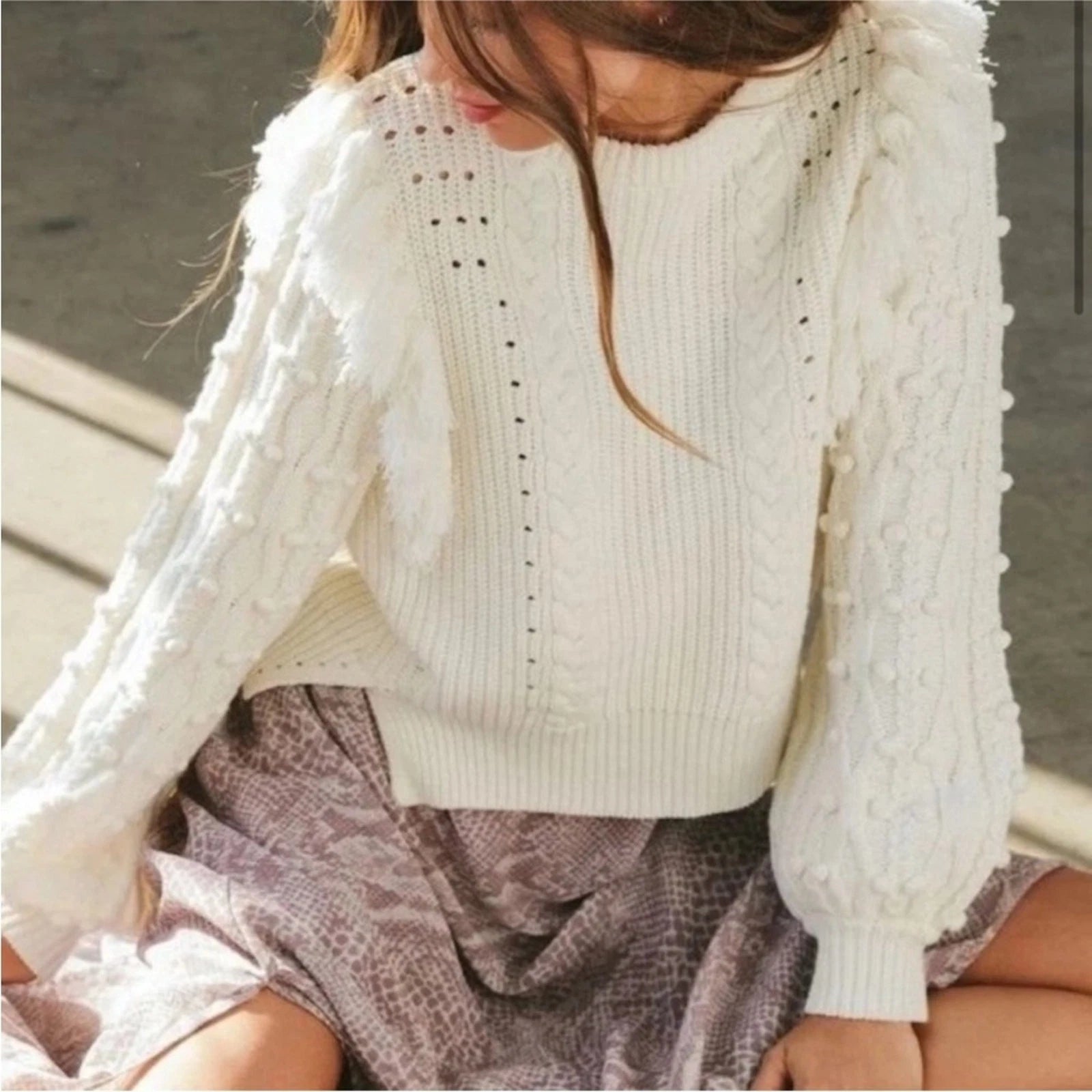 Loma Sweater | Cream Fringe Sweater with Embellished Sleeves