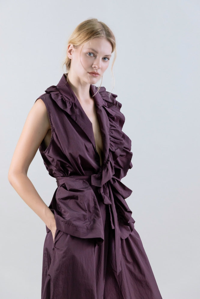 Taffeta Top | Sleeveless Wrap Ruffle Trim Top
